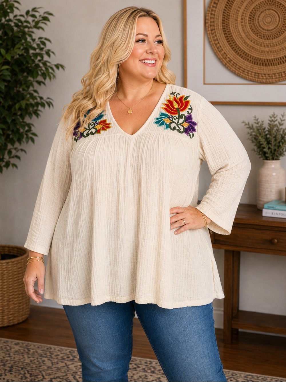 Hippie Laundry 2X Cream Embroidered Boho Gauze Tunic Top Floral